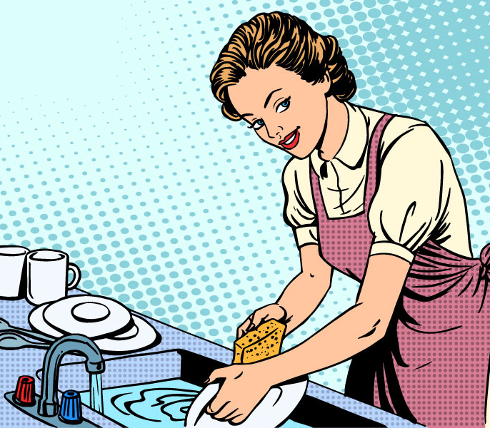 Woman washing dishes housewife housework comfort retro style pop art
